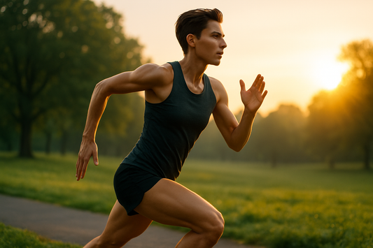 Athletic runner sprinting at sunrise in a park — symbolising fat‑burning and high‑intensity exercise / Gün doğumunda parkta sprint atan atletik koşucu — yağ yakımı ve yüksek yoğunluklu egzersizi simgeler