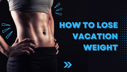 Fit woman’s toned abs in a dark background with the text 'how to lose vacation weight' in blue – fitness motivation and post-holiday fat loss concept
